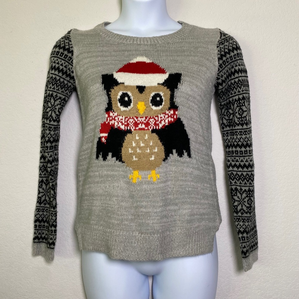 Jolt Knit Sweater Womens Small Gray Owl Holiday Christmas Long Sleeve Cozy Cabin